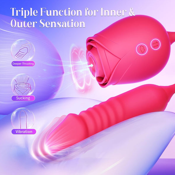 Vibrator Dildo Sex Toys for Women -  Rose Sex Toy with Thrusting G Spot Vibrators & 10 Sucking Modes for Clitoral Nipple Stimulation Anal Double-Ended Dildos Adult Sex Toys Games for Couples