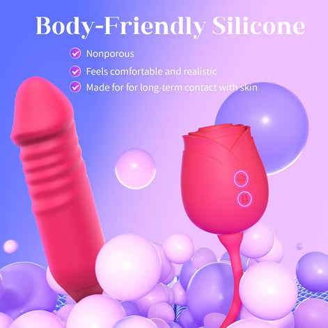 Vibrator Dildo Sex Toys for Women -  Rose Sex Toy with Thrusting G Spot Vibrators & 10 Sucking Modes for Clitoral Nipple Stimulation Anal Double-Ended Dildos Adult Sex Toys Games for Couples